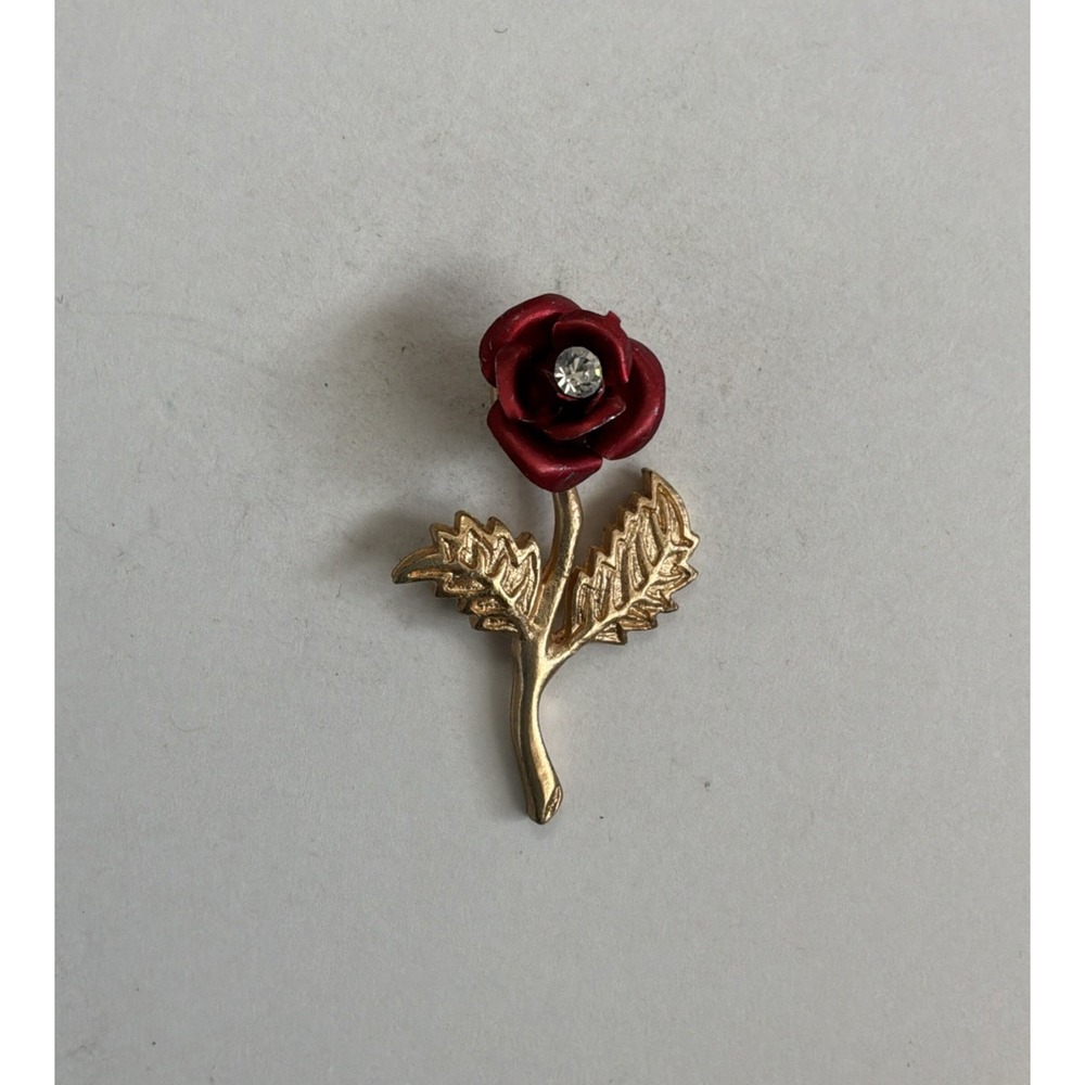 Red Rose Genuine Austrian Crystal Brooch Gold Tone Flower Lapel Pin